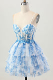 Blanc Bleu Fleur Une Ligne Corset Robe De Cocktail À Niveaux