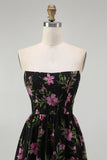 Sans bretelles Noir Rose Floral Une Ligne Midi Robe de demoiselle d’honneur