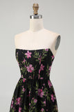 Sans bretelles Noir Rose Floral Une Ligne Midi Robe de demoiselle d’honneur
