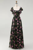 Noir Rose Floral Une Ligne Col Carré Manches Courtes Robe de demoiselle d’honneur