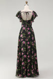 Noir Rose Floral Une Ligne Col Carré Manches Courtes Robe de demoiselle d’honneur