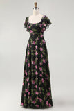 Noir Rose Floral Une Ligne Col Carré Manches Courtes Robe de demoiselle d’honneur