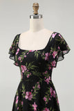Noir Rose Floral Une Ligne Col Carré Manches Courtes Robe de demoiselle d’honneur
