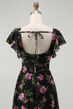 Noir Rose Floral Une Ligne Col Carré Manches Courtes Robe de demoiselle d’honneur