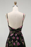 Noir Rose Floral Spaghetti Bretelles Une Ligne Longue Robe de demoiselle d’honneur