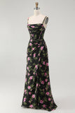 Noir Rose Floral Spaghetti Bretelles Corset Une Ligne Longue Robe de demoiselle d’honneur
