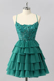 Vert foncé A Line Strins Tiered Homecoming Dress avec appliques