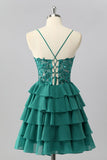 Vert foncé A Line Strins Tiered Homecoming Dress avec appliques