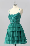 Vert foncé A Line Strins Tiered Homecoming Dress avec appliques