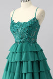 Vert foncé A Line Strins Tiered Homecoming Dress avec appliques