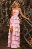 Robe de bal longue à découpes perlées en forme de ligne rose à volants à étages A