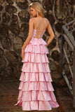 Robe de bal longue à découpes perlées en forme de ligne rose à volants à étages A