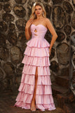 Robe de bal longue à découpes perlées en forme de ligne rose à volants à étages A