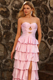 Robe de bal longue à découpes perlées en forme de ligne rose à volants à étages A