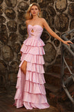 Robe de bal longue à découpes perlées en forme de ligne rose à volants à étages A