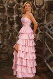 Robe de bal longue à découpes perlées en forme de ligne rose à volants à étages A