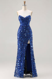 Corset de bal longue robe de bal bleu sans bretelles à sequins