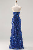 Robe de soirée dorée scintillante sans bretelles avec fente