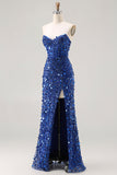 Robe de soirée dorée scintillante sans bretelles avec fente