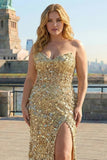 Robe de bal de bal longue longue taille grande taille en paillettes dorées sans bretelles
