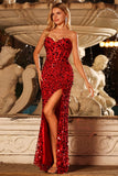 Corset sans bretelles à sequins sirène longue robe de bal avec fente haute – Look glamour de jumelles