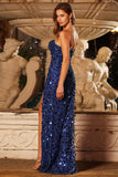 Corset de bal longue robe de bal bleu sans bretelles à sequins
