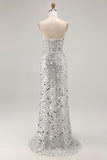 Robe de bal longue de bal rose scintillante, sans bretelles et paillettes, avec fente