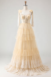 Robe de bal longue à volants avec corset perlé Abricot A et dentelle dans le dos