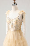 Robe de soirée longue rose trapèze à corset ornée de perles et de volants avec dos en dentelle