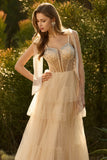 Robe de bal longue rose à volants à volants avec des perles et un corset rose à volants