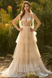 Robe de bal longue rose à volants à volants avec des perles et un corset rose à volants