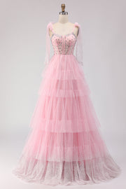Robe de soirée longue rose trapèze à corset ornée de perles et de volants avec dos en dentelle