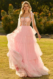 Robe de bal longue rose à volants à volants avec des perles et un corset rose à volants