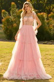 Robe de bal longue rose à volants à volants avec des perles et un corset rose à volants