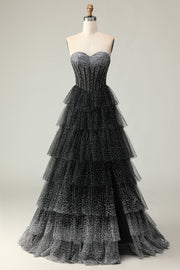 Noir Blanc Corset Une Ligne Sweetheart Tiered Polka Dots Robe De Soirée Avec Volants
