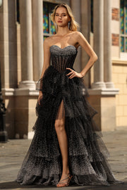 Robe de soirée courte noir blanc à pois corset ligne A volants superposés