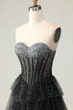 Noir Blanc Corset Une Ligne Sweetheart Tiered Polka Dots Robe De Soirée Avec Volants