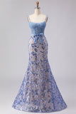 Corset sirène gris-bleu, robe longue perlée à sequins avec un nœud de promo
