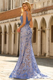 Corset sirène gris-bleu, robe longue perlée à sequins avec un nœud de promo