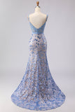 Corset sirène gris-bleu, robe longue perlée à sequins avec un nœud de promo