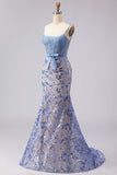 Corset gris sirène, paillettes appliquées, longue robe de bal avec nœud