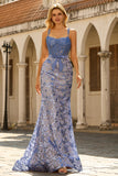 Corset sirène gris-bleu, robe longue perlée à sequins avec un nœud de promo