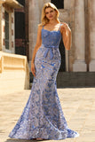 Corset sirène gris-bleu, robe longue perlée à sequins avec un nœud de promo