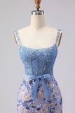 Corset gris sirène, paillettes appliquées, longue robe de bal avec nœud