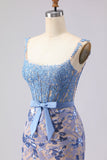 Corset gris sirène, paillettes appliquées, longue robe de bal avec nœud