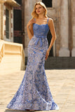 Corset sirène gris-bleu, robe longue perlée à sequins avec un nœud de promo