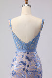 Corset gris sirène, paillettes appliquées, longue robe de bal avec nœud