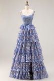 Robe de bal longue de bal gris-bleu en ligne A à étages perlée de paillettes avec fente