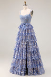 Robe de bal longue de bal gris-bleu en ligne A à étages perlée de paillettes avec fente