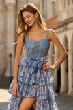 Corset de bal long corset à paillettes, trapède gris, bleu et paillettes